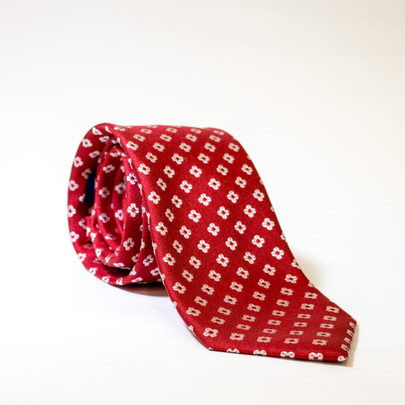 Cravatta - Rosso con Fantasia Fiori Bianchi