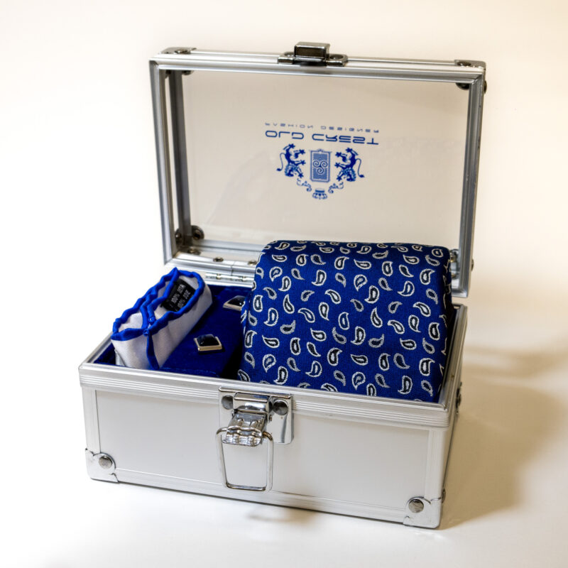 Box con Cravatta Blu a Fantasia e Gemelli Blu