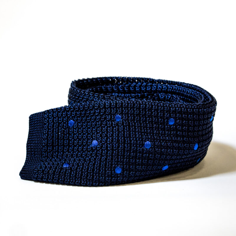 Cravatta in maglia 100% Seta – Blu Notte a Pois Blu
