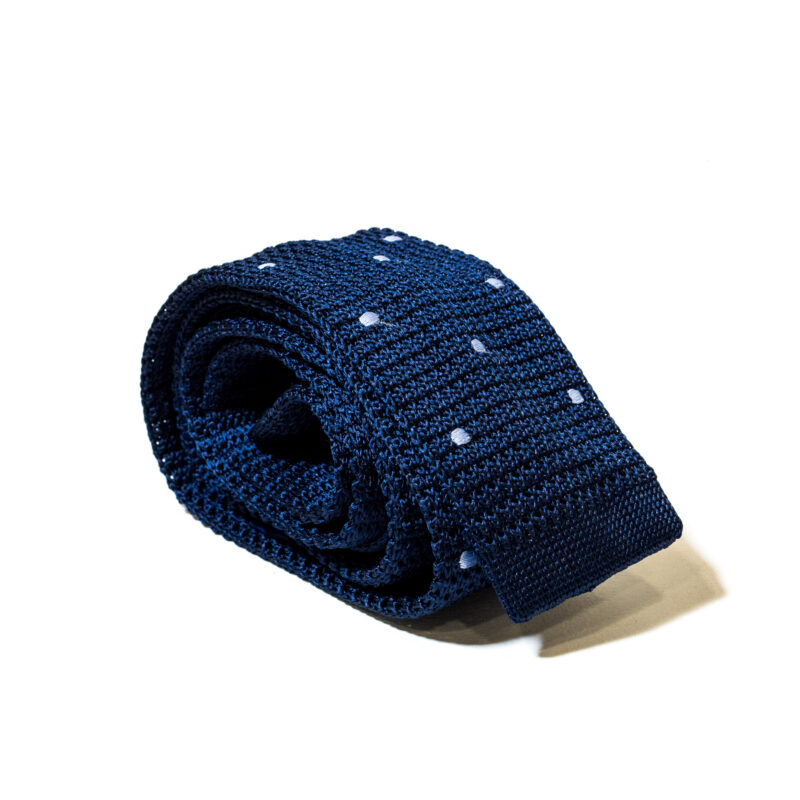 Cravatta in maglia 100% Seta – Blu Notte a Pois Bianchi - immagine 3