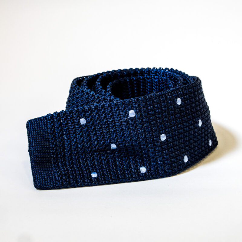 Cravatta in maglia 100% Seta – Blu Notte a Pois Bianchi