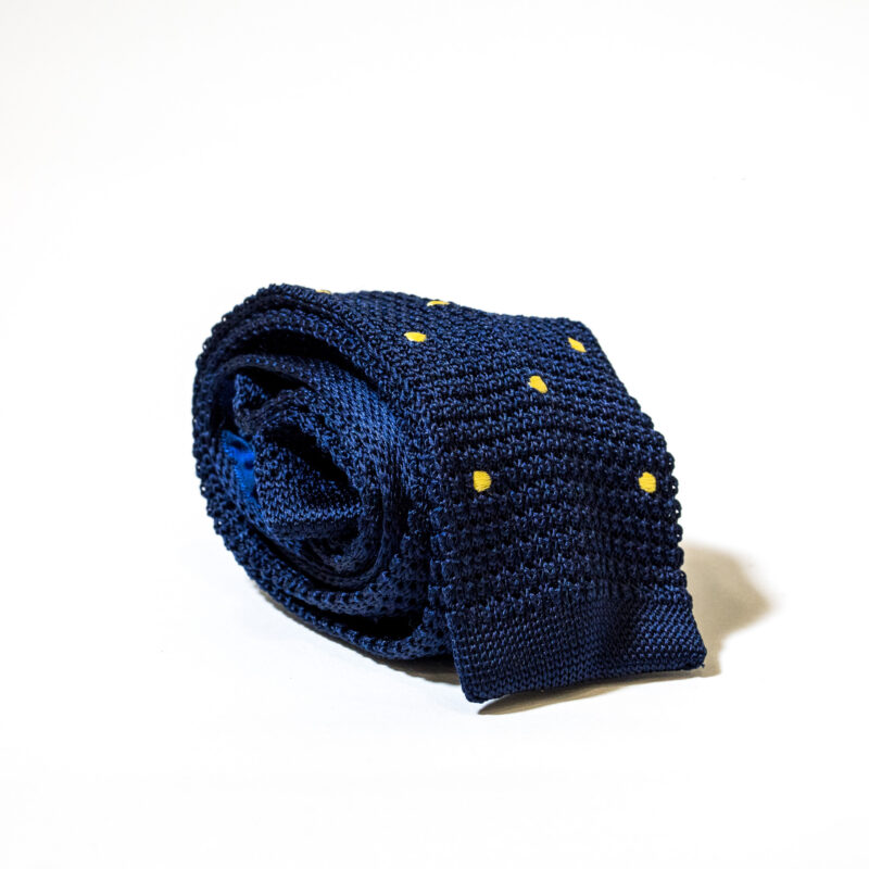 Cravatta in maglia 100% Seta – Blu Notte a Pois Gialli - immagine 2