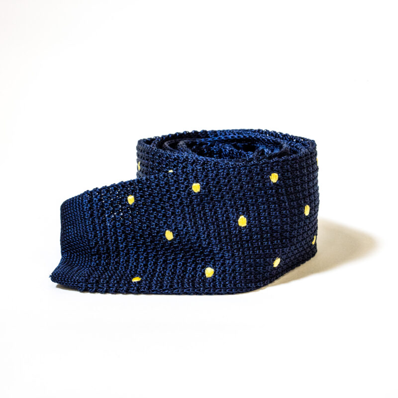 Cravatta in maglia 100% Seta – Blu Notte a Pois Gialli