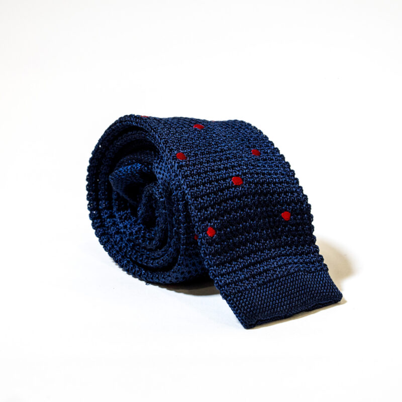 Cravatta in maglia 100% Seta – Blu Notte a Pois Rossi - immagine 3