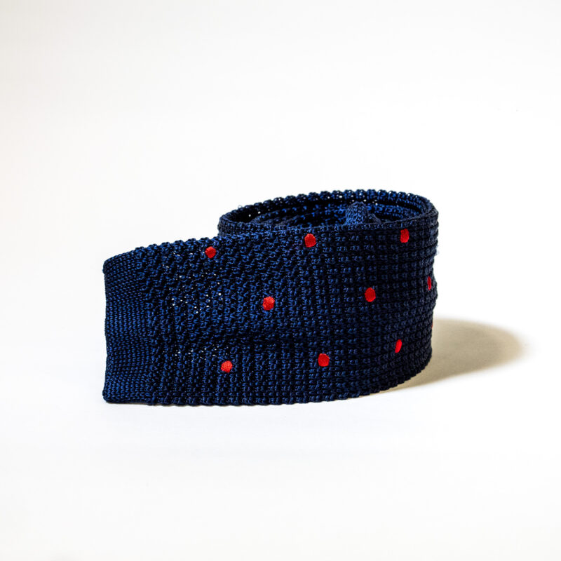 Cravatta in maglia 100% Seta – Blu Notte a Pois Rossi